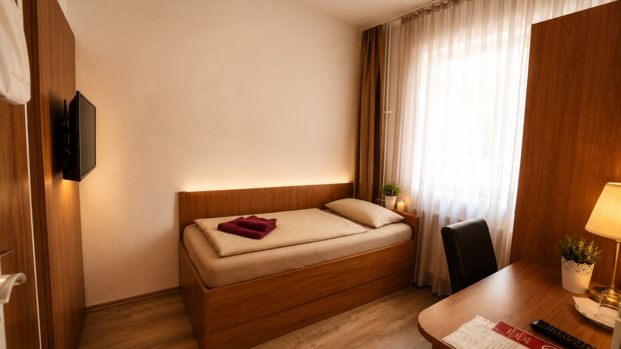 Einzelzimmer mit Bett und Schreibtisch
